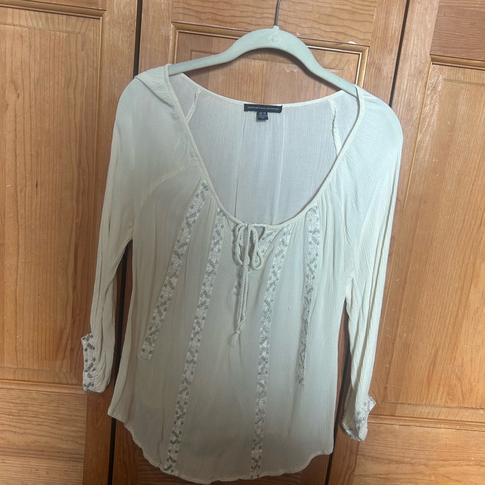 American Eagle Outfitters Cream Blouse with Lace Accents
